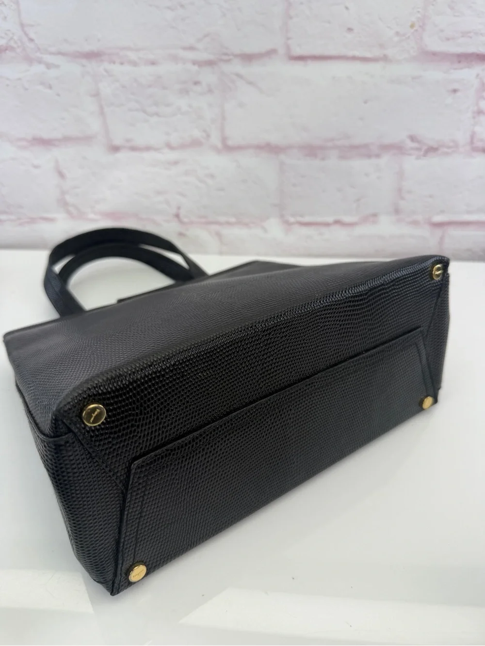 Salvatore Ferragamo Black Lizard-Embossed Top-Handle Satchel Vintage